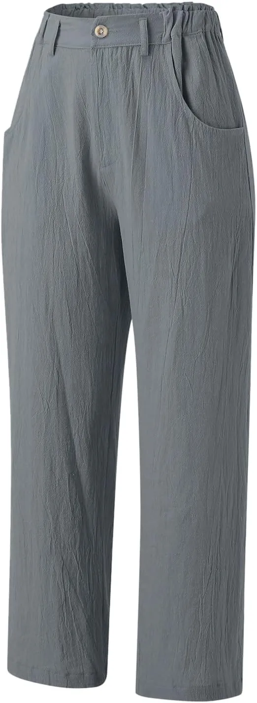 Capri Linen Pants for Women 2025 Summer Trendy Elastic High Waist Straight Leg Casual Pants Stretchy Loose Trousers