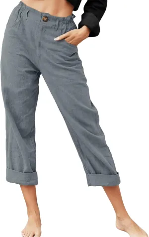 Capri Linen Pants for Women 2025 Summer Trendy Elastic High Waist Straight Leg Casual Pants Stretchy Loose Trousers