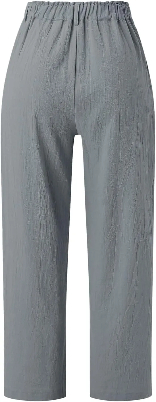 Capri Linen Pants for Women 2025 Summer Trendy Elastic High Waist Straight Leg Casual Pants Stretchy Loose Trousers