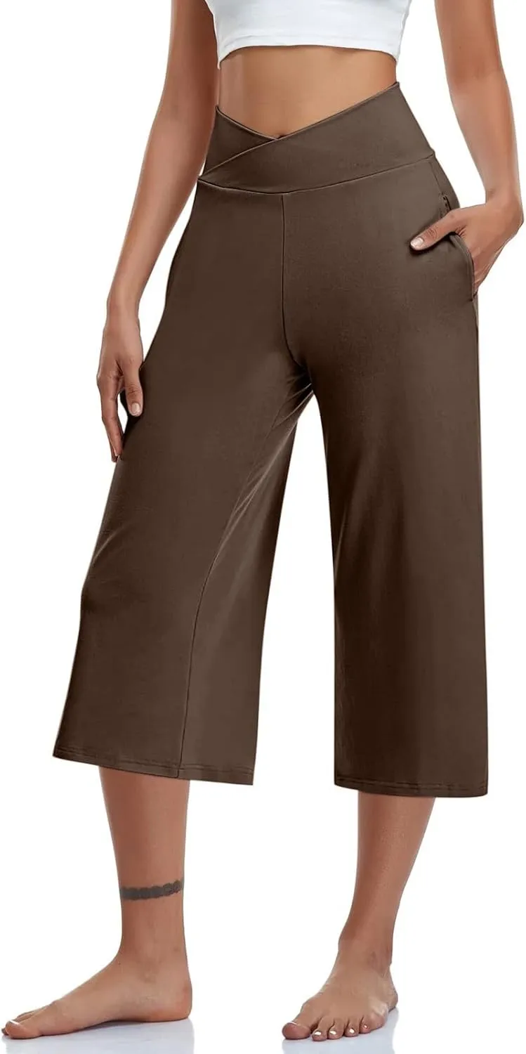 Capri Pants for Women 2025 Summer Wide Leg Yoga Pants Tummy Control High Waist Dressy Casual Crop Pant with Pockets