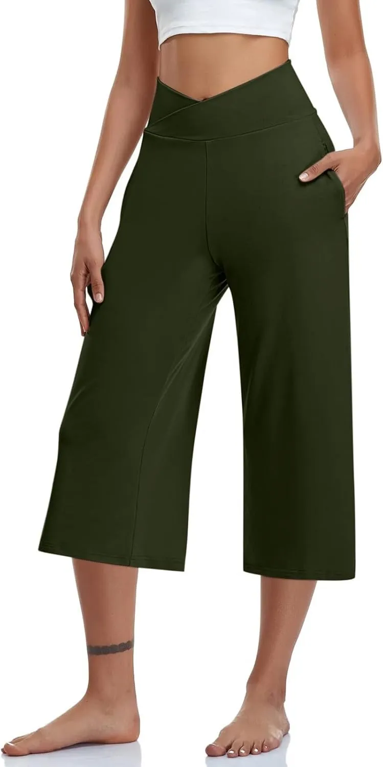 Capri Pants for Women 2025 Summer Wide Leg Yoga Pants Tummy Control High Waist Dressy Casual Crop Pant with Pockets