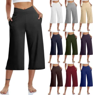 Capri Pants for Women 2025 Summer Wide Leg Yoga Pants Tummy Control High Waist Dressy Casual Crop Pant with Pockets