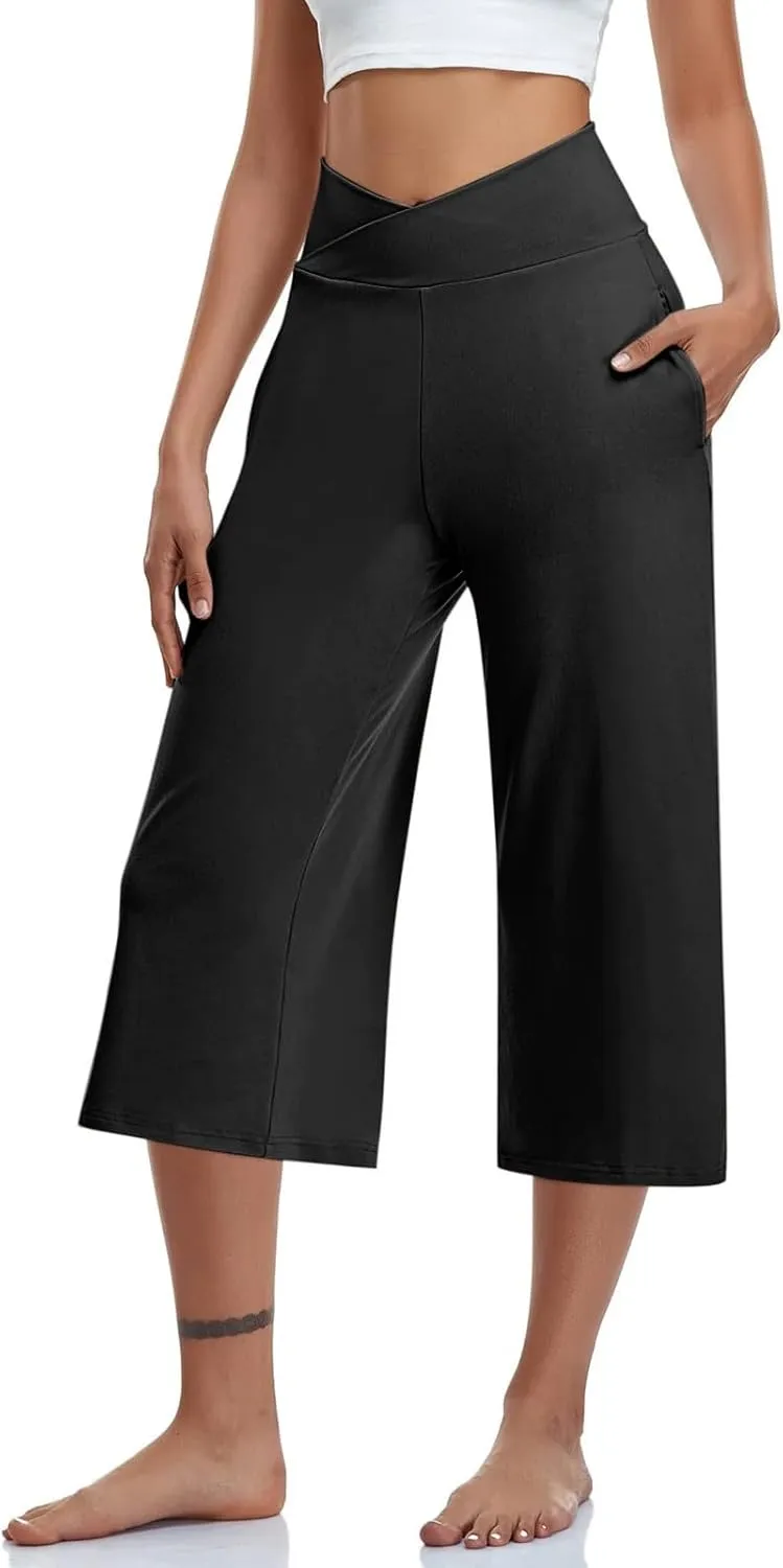 Capri Pants for Women 2025 Summer Wide Leg Yoga Pants Tummy Control High Waist Dressy Casual Crop Pant with Pockets