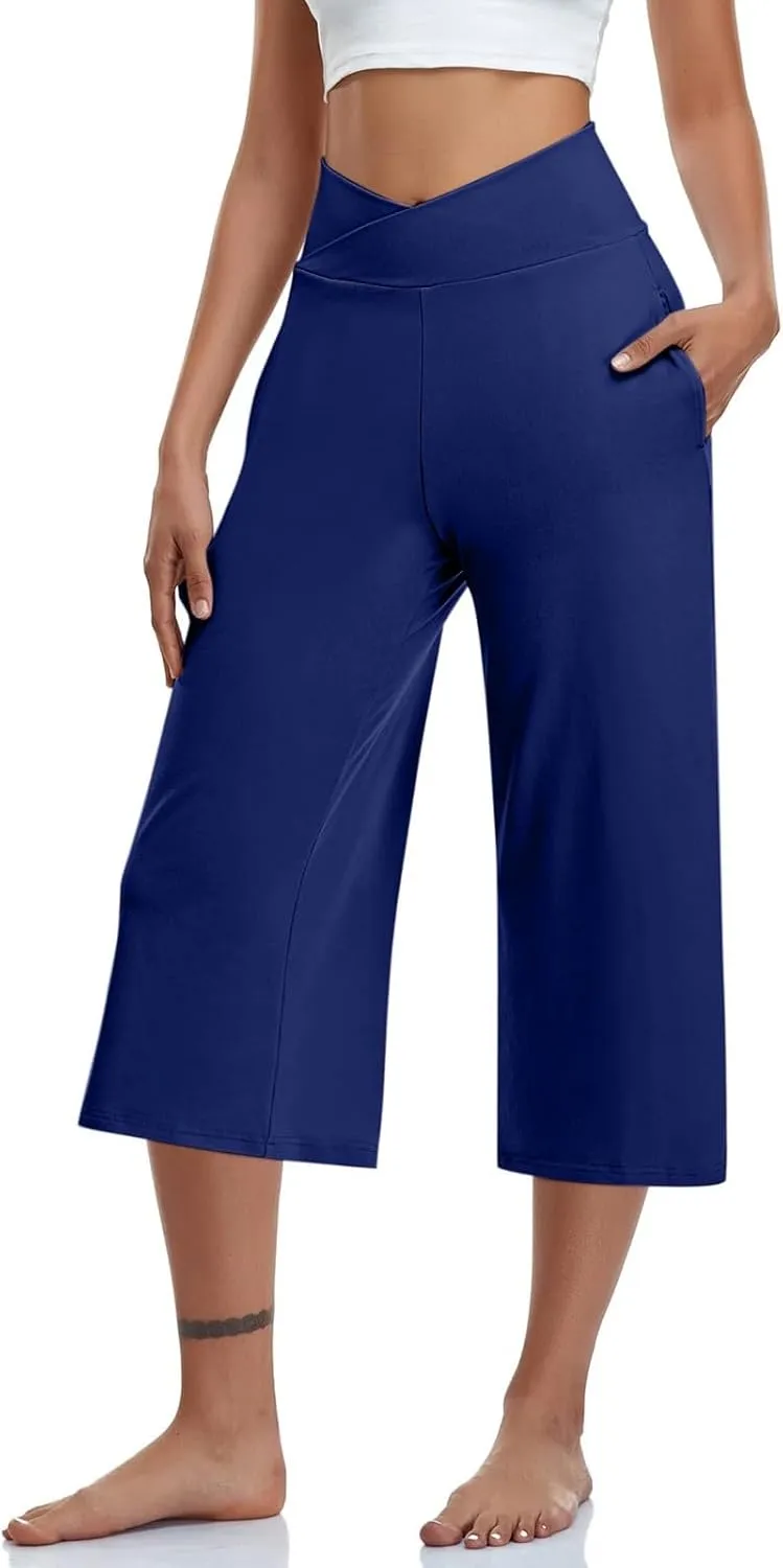 Capri Pants for Women 2025 Summer Wide Leg Yoga Pants Tummy Control High Waist Dressy Casual Crop Pant with Pockets