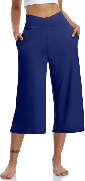Capri Pants for Women 2025 Summer Wide Leg Yoga Pants Tummy Control High Waist Dressy Casual Crop Pant with Pockets