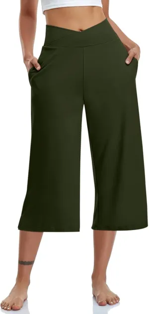 Capri Pants for Women 2025 Summer Wide Leg Yoga Pants Tummy Control High Waist Dressy Casual Crop Pant with Pockets