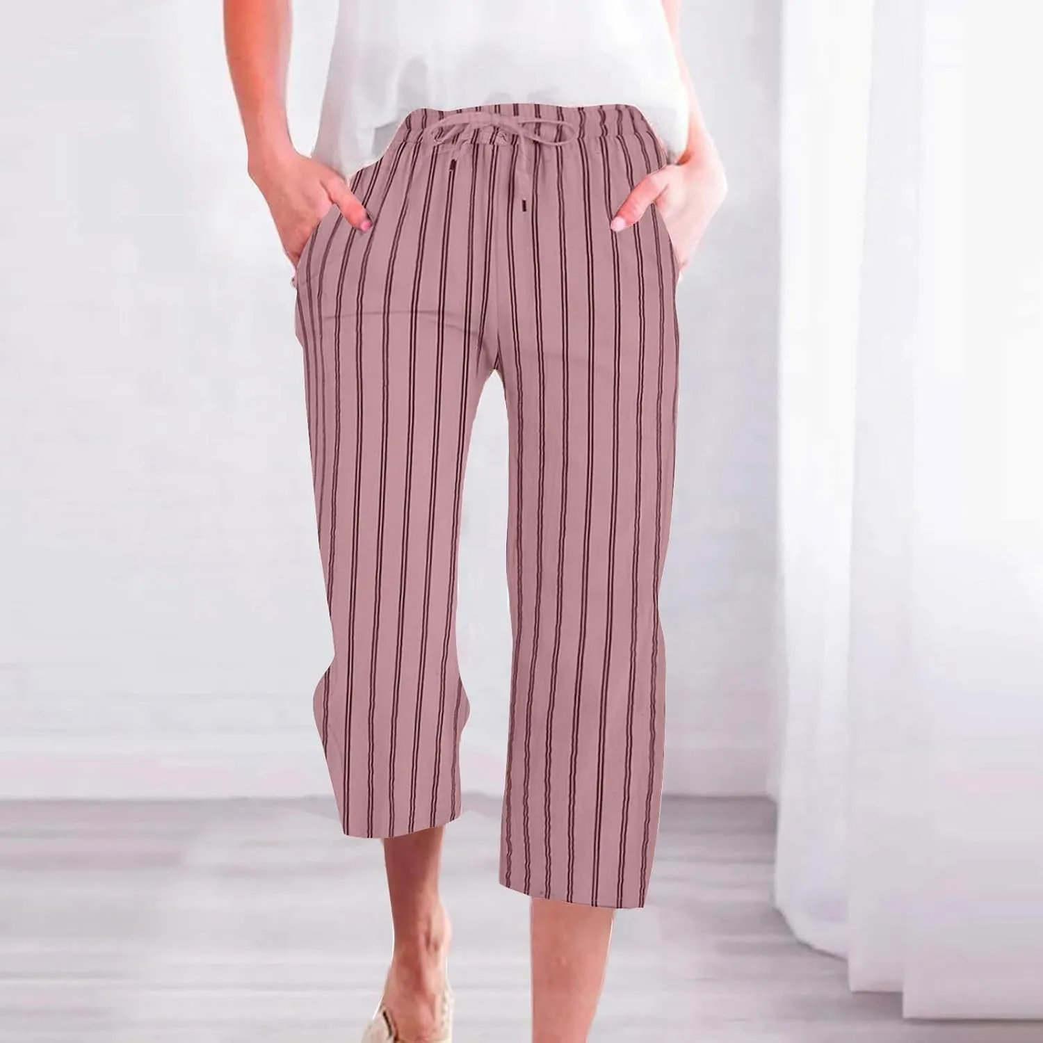 Capris for Women Fashion Casual Stripe Elastic Loose Pants Straight Wide Leg Trousers Womens Beach Vacation Outfits