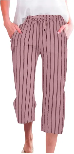 Capris for Women Fashion Casual Stripe Elastic Loose Pants Straight Wide Leg Trousers Womens Beach Vacation Outfits