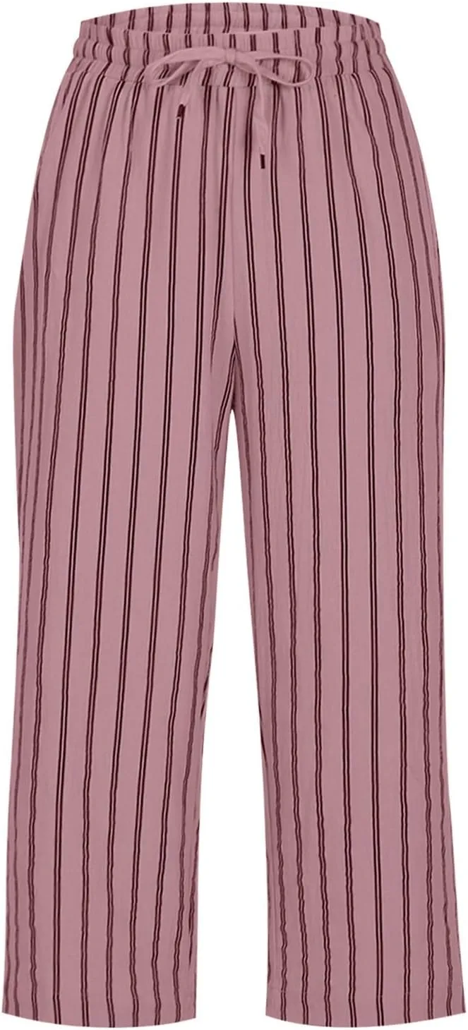 Capris for Women Fashion Casual Stripe Elastic Loose Pants Straight Wide Leg Trousers Womens Beach Vacation Outfits