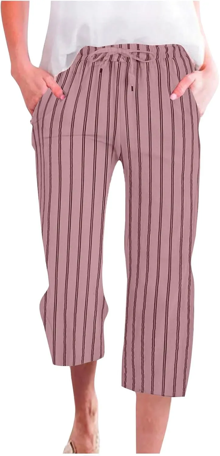 Capris for Women Fashion Casual Stripe Elastic Loose Pants Straight Wide Leg Trousers Womens Beach Vacation Outfits