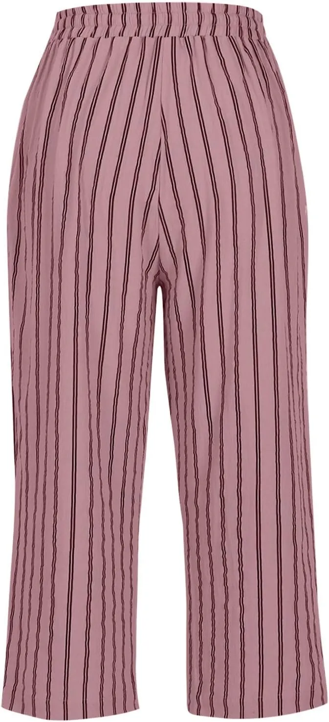 Capris for Women Fashion Casual Stripe Elastic Loose Pants Straight Wide Leg Trousers Womens Beach Vacation Outfits