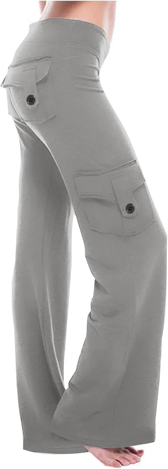 Cargo Yoga Pants with Pockets Womens Wide Leg Pants High Waisted Workout Flare Leggings Lightweight Casual Trousers