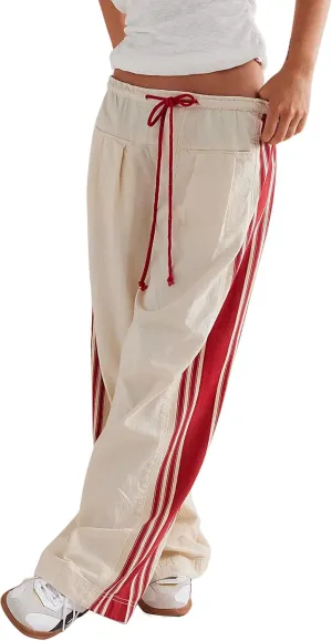 Casual Crayon Striped Pants for Women Drawstring Elastic High Waist Lounge Pant Color Block Baggy Wide Leg Sweatpants