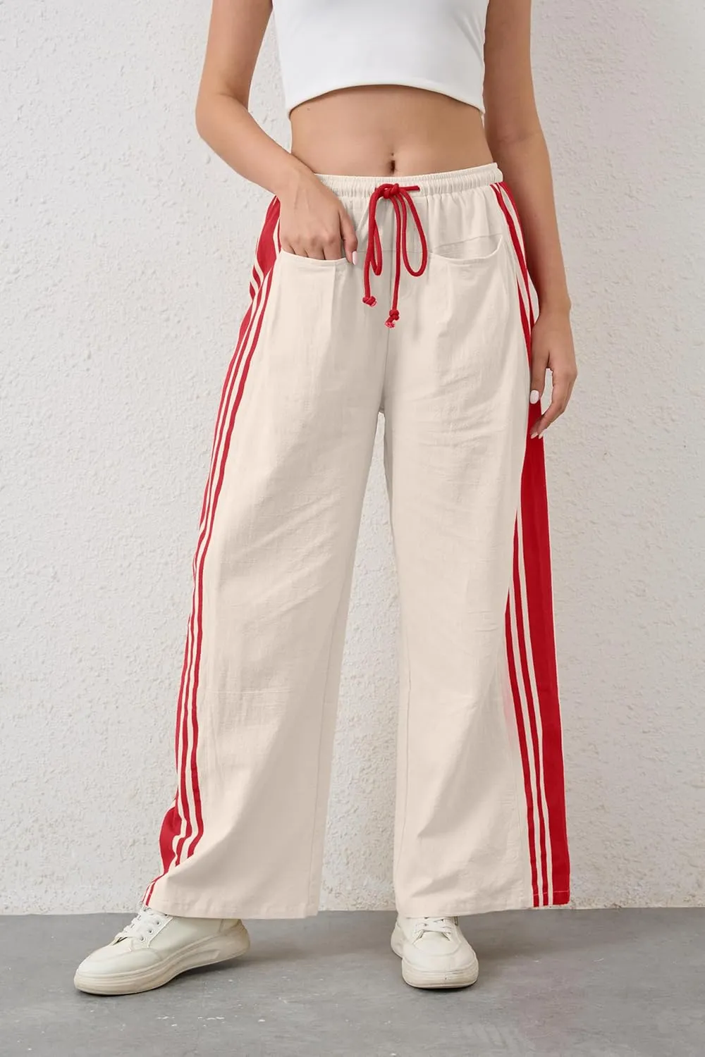 Casual Crayon Striped Pants for Women Drawstring Elastic High Waist Lounge Pant Color Block Baggy Wide Leg Sweatpants