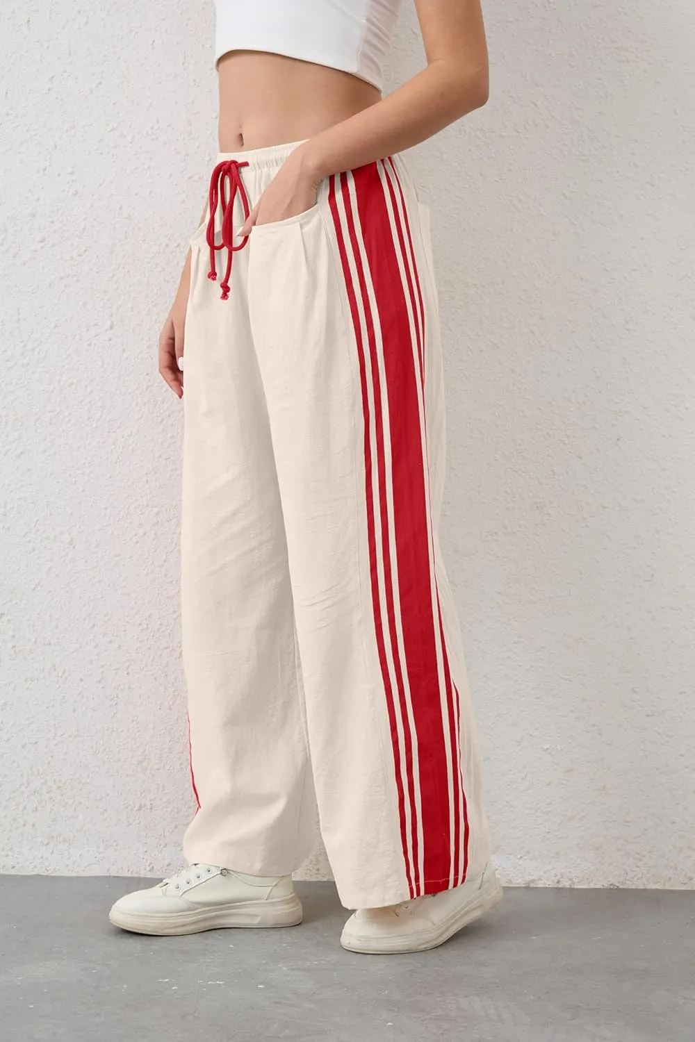 Casual Crayon Striped Pants for Women Drawstring Elastic High Waist Lounge Pant Color Block Baggy Wide Leg Sweatpants