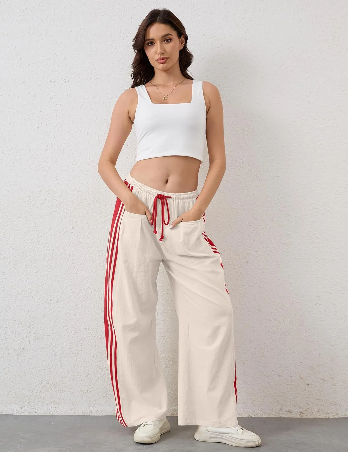 Casual Crayon Striped Pants for Women Drawstring Elastic High Waist Lounge Pant Color Block Baggy Wide Leg Sweatpants