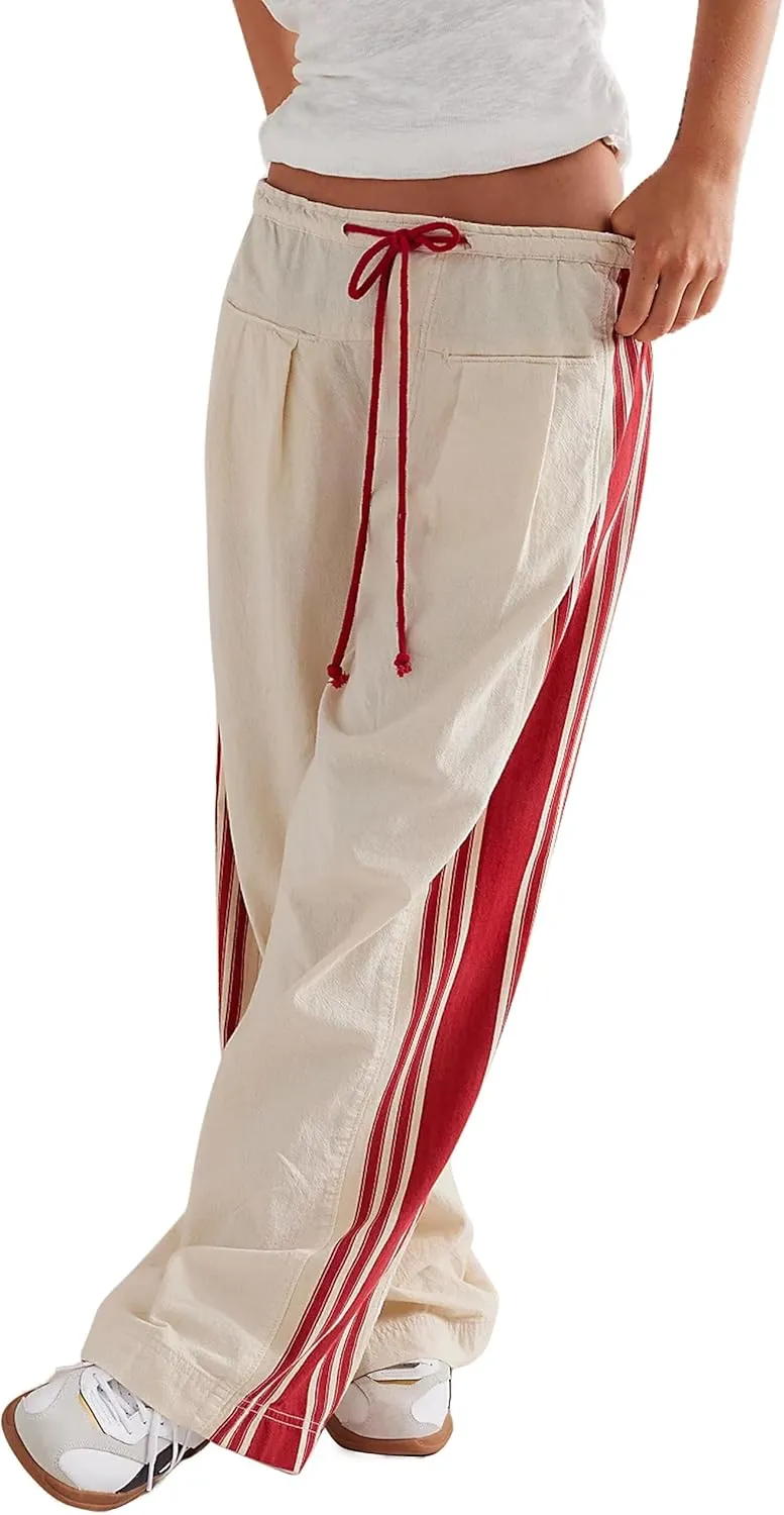Casual Crayon Striped Pants for Women Drawstring Elastic High Waist Lounge Pant Color Block Baggy Wide Leg Sweatpants