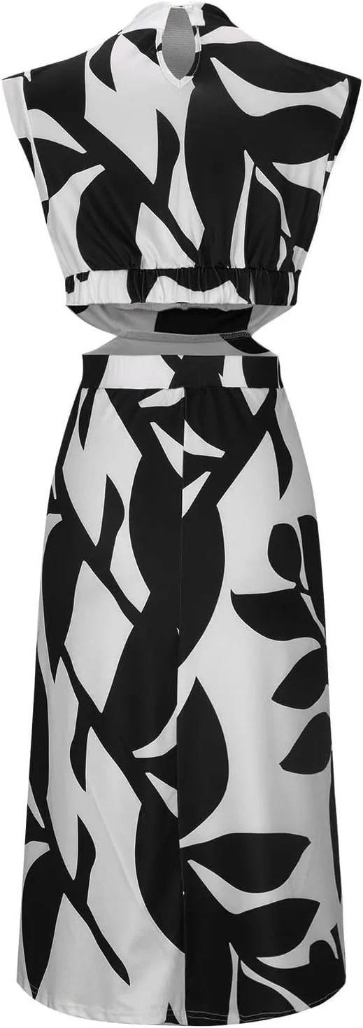 Casual Summer Dresses Women's Boho Leaf Print Dress Sexy Cut Out Waist Long Dress Trendy A-Line Swing Maxi Sundresses