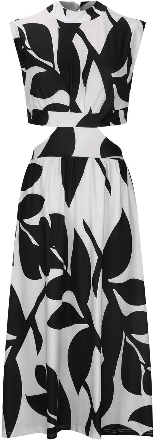 Casual Summer Dresses Women's Boho Leaf Print Dress Sexy Cut Out Waist Long Dress Trendy A-Line Swing Maxi Sundresses