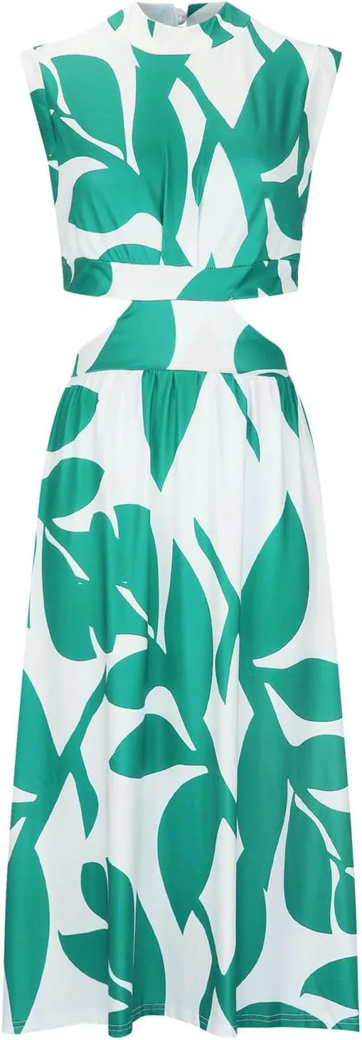 Casual Summer Dresses Women's Boho Leaf Print Dress Sexy Cut Out Waist Long Dress Trendy A-Line Swing Maxi Sundresses