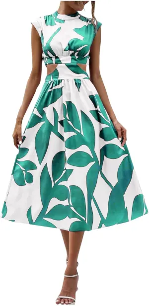 Casual Summer Dresses Women's Boho Leaf Print Dress Sexy Cut Out Waist Long Dress Trendy A-Line Swing Maxi Sundresses