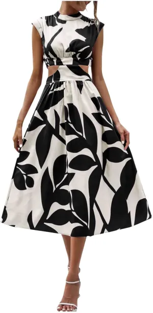 Casual Summer Dresses Women's Boho Leaf Print Dress Sexy Cut Out Waist Long Dress Trendy A-Line Swing Maxi Sundresses