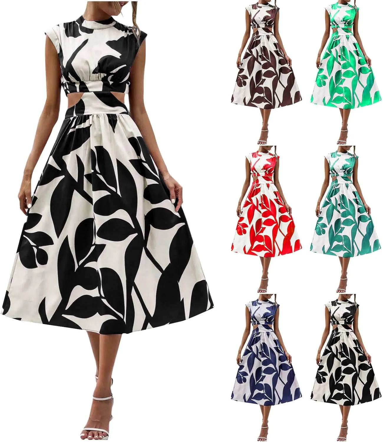 Casual Summer Dresses Women's Boho Leaf Print Dress Sexy Cut Out Waist Long Dress Trendy A-Line Swing Maxi Sundresses