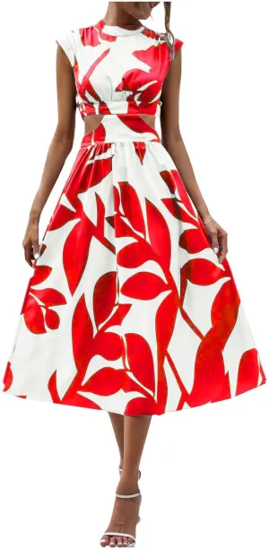 Casual Summer Dresses Women's Boho Leaf Print Dress Sexy Cut Out Waist Long Dress Trendy A-Line Swing Maxi Sundresses