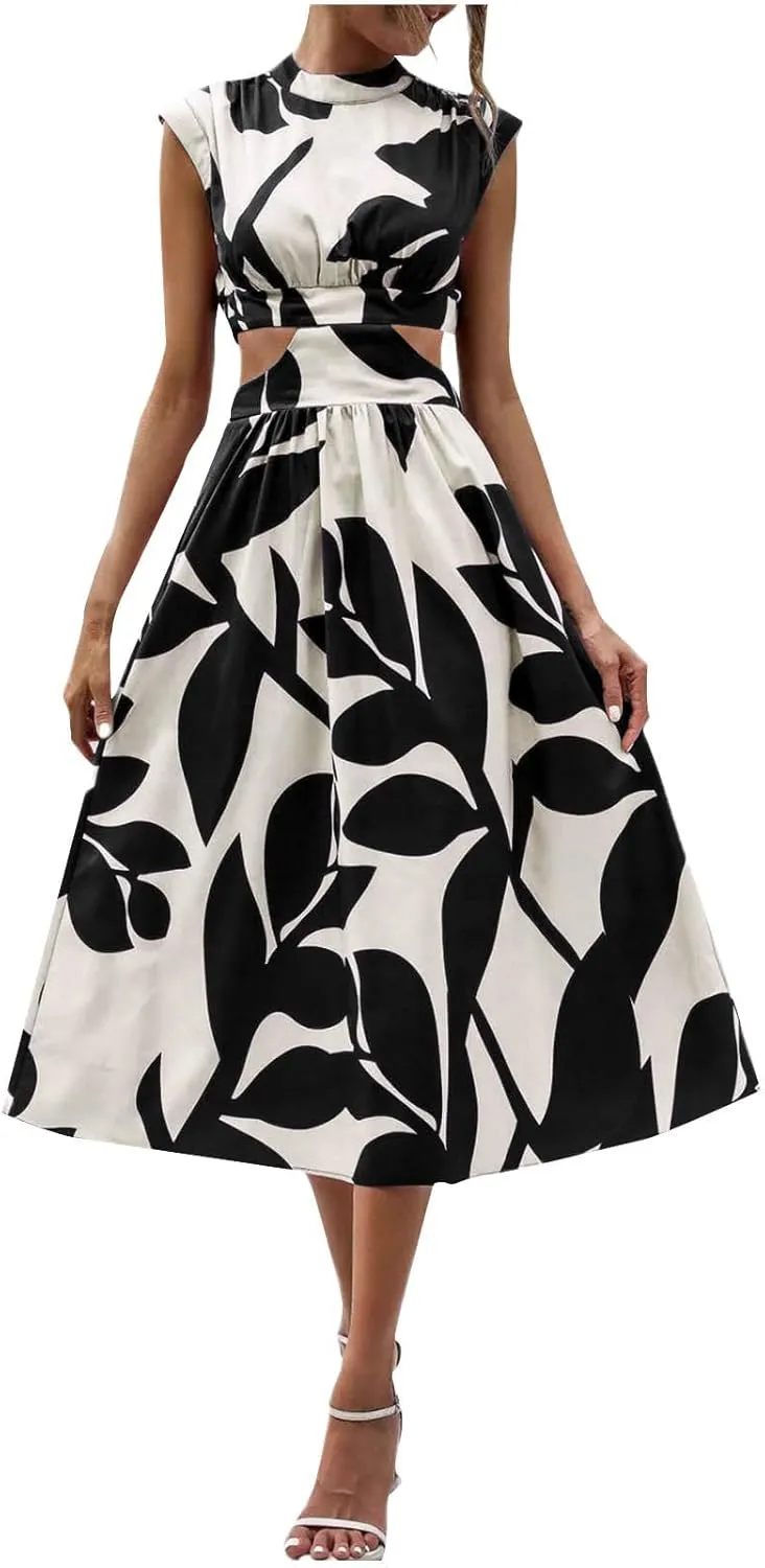 Casual Summer Dresses Women's Boho Leaf Print Dress Sexy Cut Out Waist Long Dress Trendy A-Line Swing Maxi Sundresses