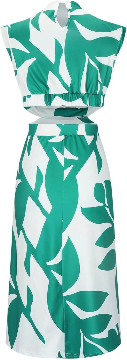 Casual Summer Dresses Women's Boho Leaf Print Dress Sexy Cut Out Waist Long Dress Trendy A-Line Swing Maxi Sundresses
