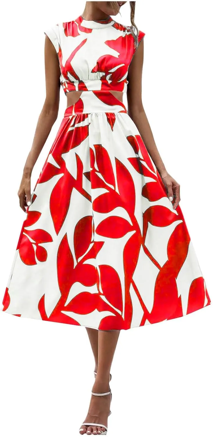 Casual Summer Dresses Women's Boho Leaf Print Dress Sexy Cut Out Waist Long Dress Trendy A-Line Swing Maxi Sundresses