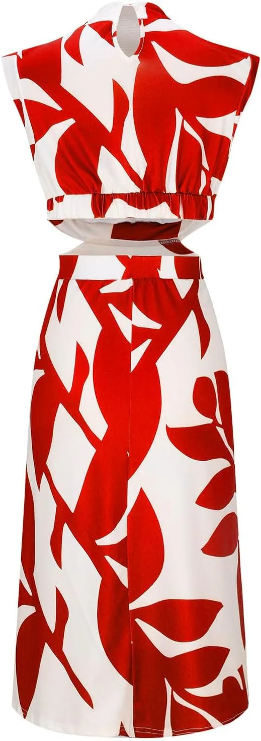 Casual Summer Dresses Women's Boho Leaf Print Dress Sexy Cut Out Waist Long Dress Trendy A-Line Swing Maxi Sundresses