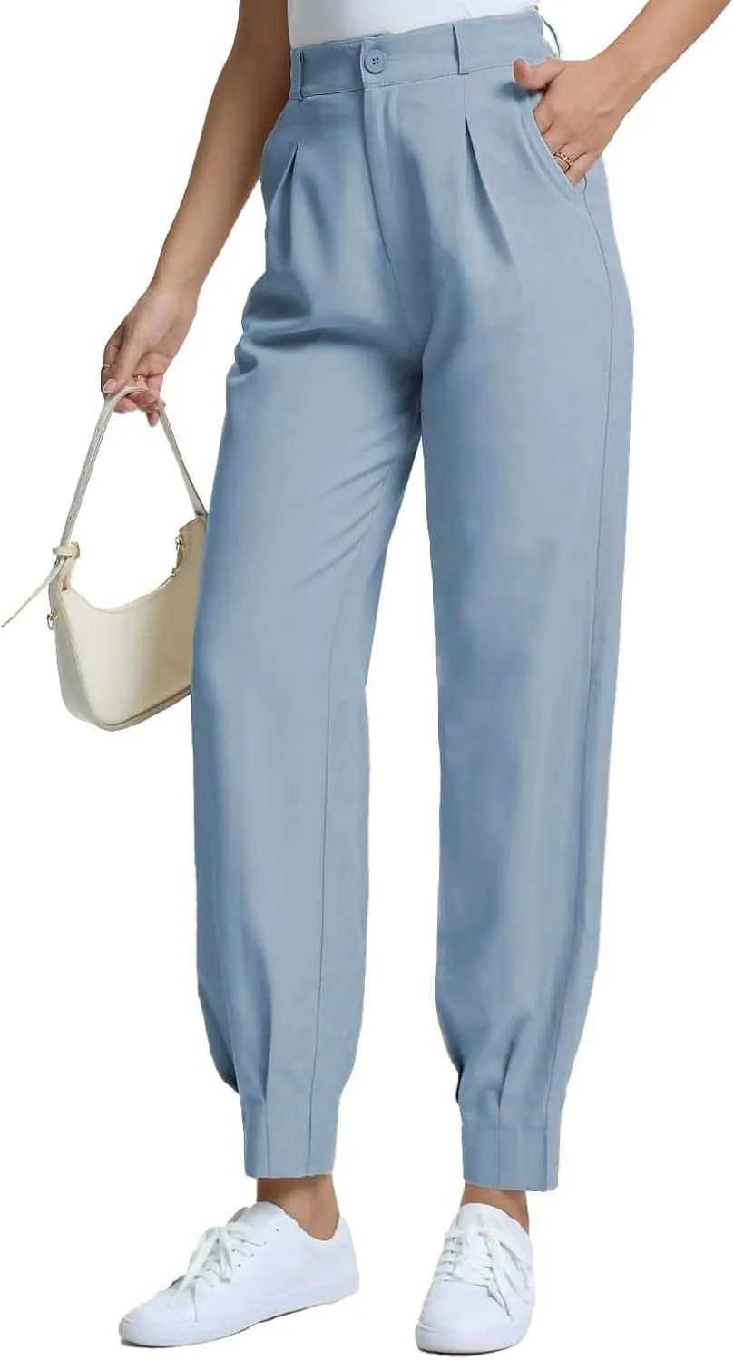 Casual Work Pants Women High Waisted with Pockets Ankle Length Business Traped Slacks Pants Trousers