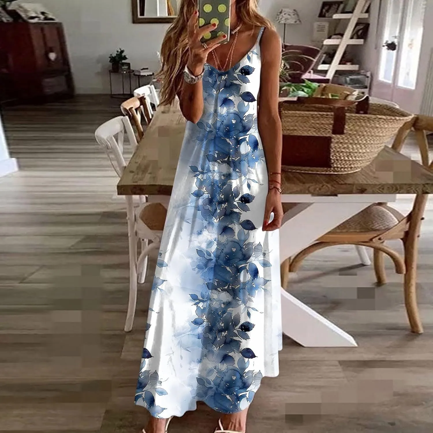 Ceboyel Summer Sundresses for Women 2024 Trendy Casual Floral Sun Dresses Spaghetti Strap Beach Maxi Dress Vacation Outfits