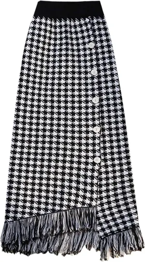 CHARTOU Women Houndstooth Knitted Bodycon Pencil Skirt Mid Long Packaged Hip Elastic Button Tassel Knit Skirt