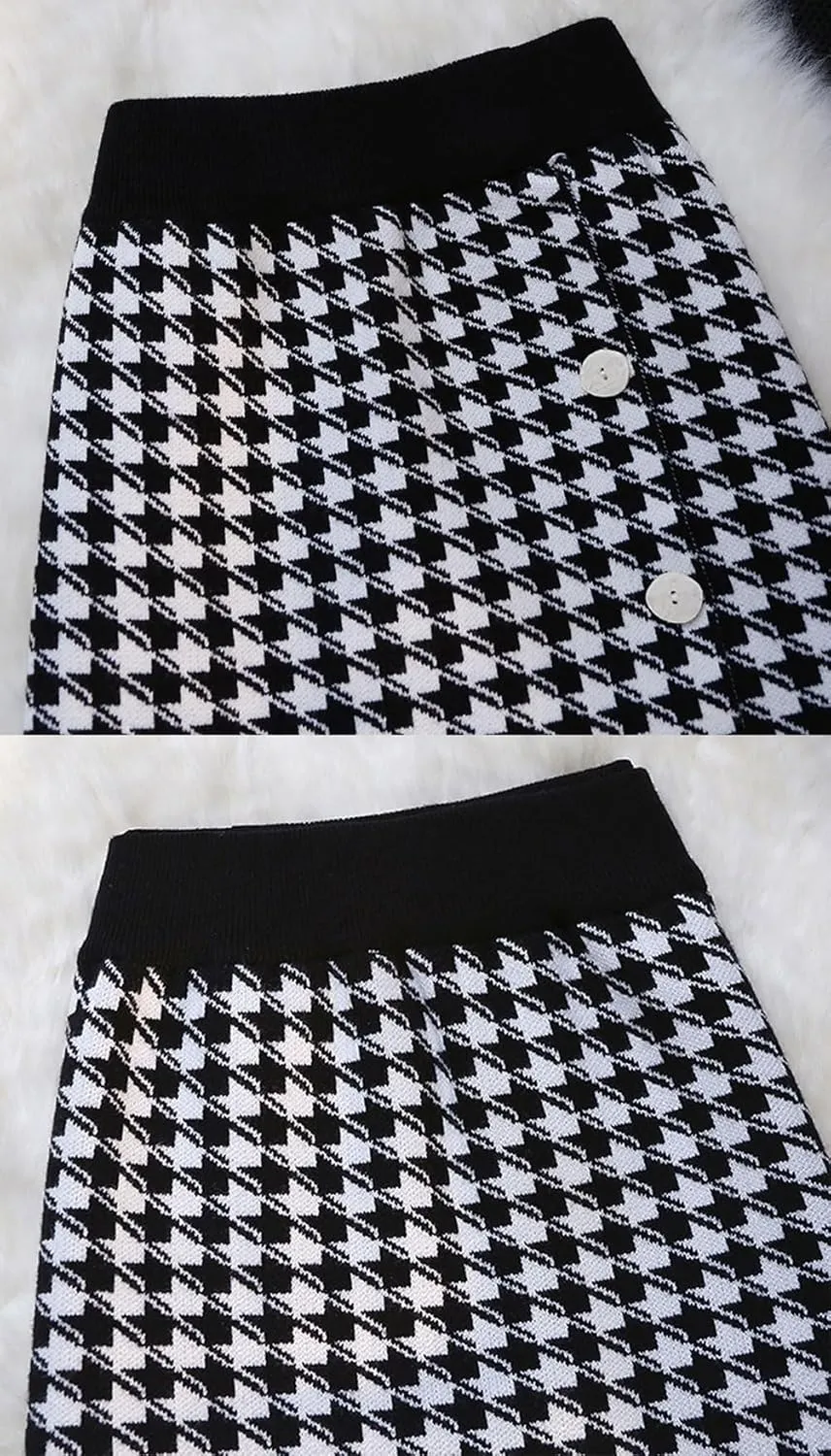 CHARTOU Women Houndstooth Knitted Bodycon Pencil Skirt Mid Long Packaged Hip Elastic Button Tassel Knit Skirt