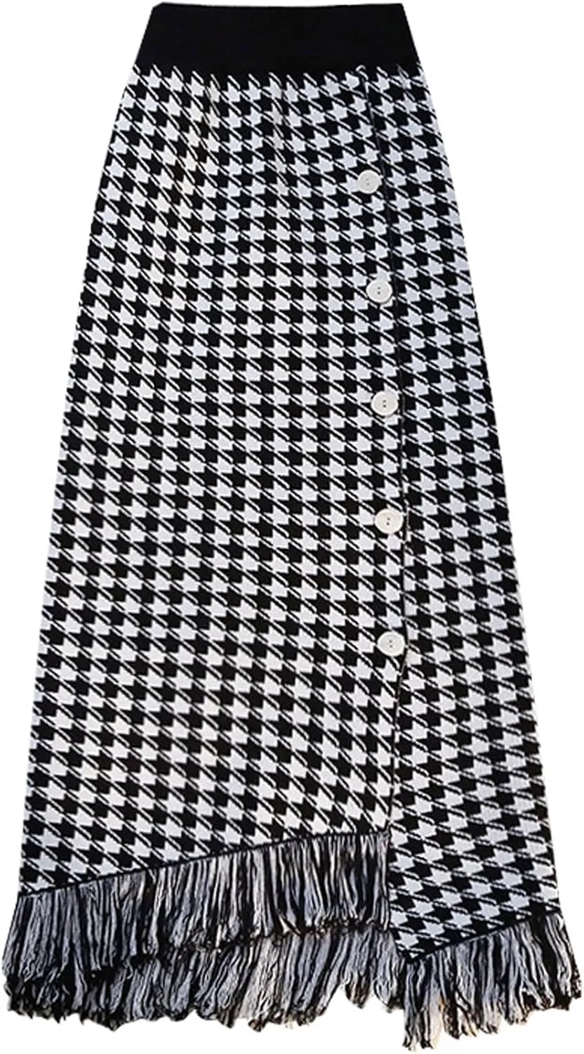 CHARTOU Women Houndstooth Knitted Bodycon Pencil Skirt Mid Long Packaged Hip Elastic Button Tassel Knit Skirt