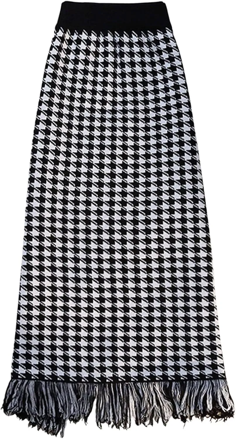 CHARTOU Women Houndstooth Knitted Bodycon Pencil Skirt Mid Long Packaged Hip Elastic Button Tassel Knit Skirt