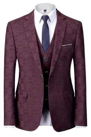 Chic Burgundy Plaid Notched Lapel Three Pieces Business Suits Wedding Groom Suits