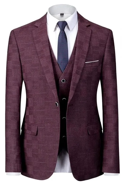 Chic Burgundy Plaid Notched Lapel Three Pieces Business Suits Wedding Groom Suits