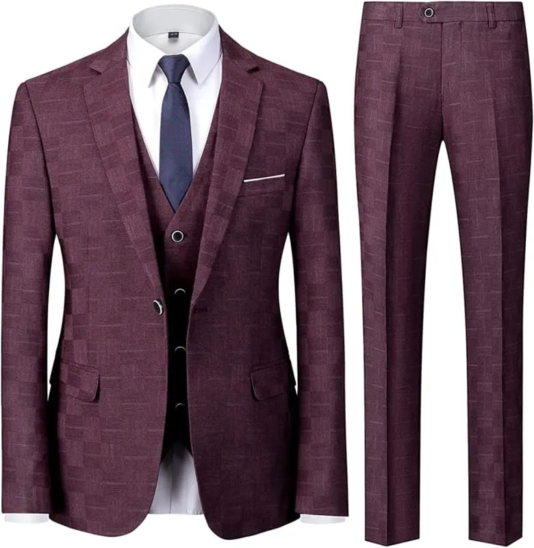 Chic Burgundy Plaid Notched Lapel Three Pieces Business Suits Wedding Groom Suits