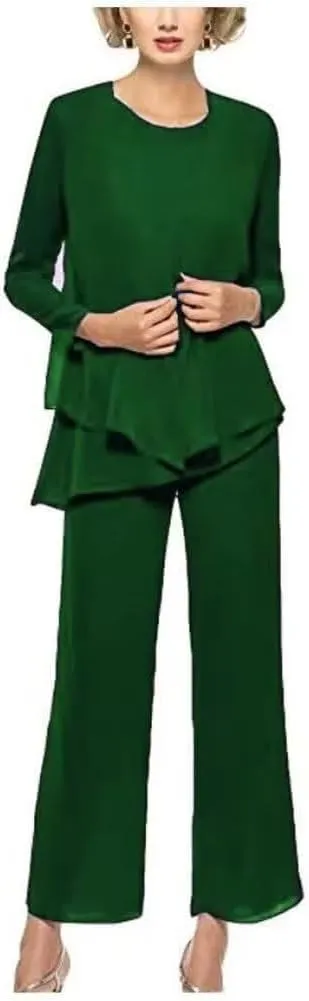 Chiffon 3Pcs Mother of The Bride Pant Suits for Women Wedding Pant Suits for Women Dressy Elegant