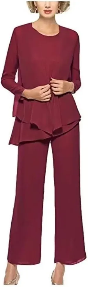 Chiffon 3Pcs Mother of The Bride Pant Suits for Women Wedding Pant Suits for Women Dressy Elegant