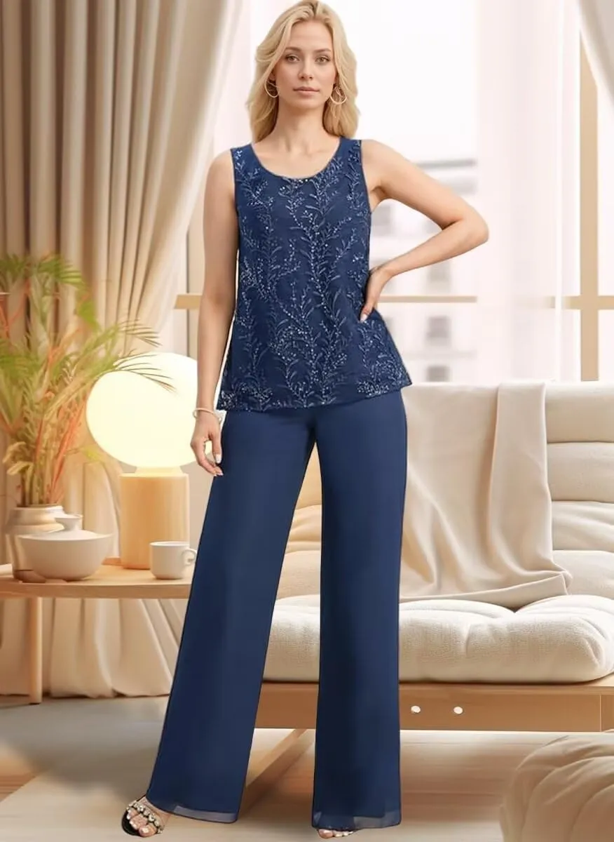 Chiffon Mother of The Bride Pant Suits 3 Pieces Lace Appliques Women Dressy Formal Outfit with Jacket KW001