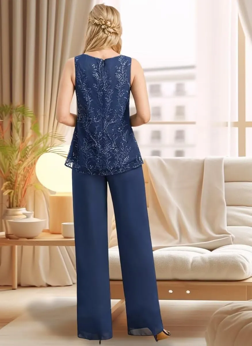 Chiffon Mother of The Bride Pant Suits 3 Pieces Lace Appliques Women Dressy Formal Outfit with Jacket KW001