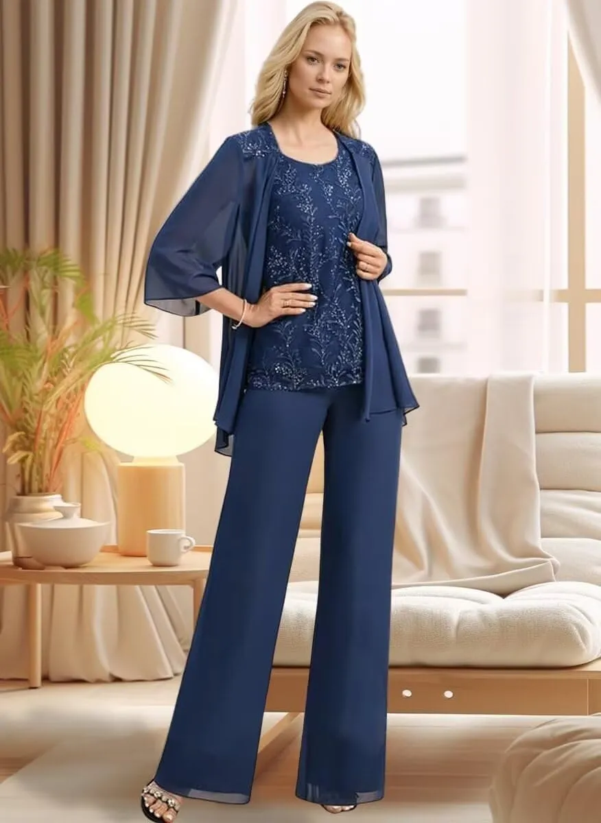 Chiffon Mother of The Bride Pant Suits 3 Pieces Lace Appliques Women Dressy Formal Outfit with Jacket KW001