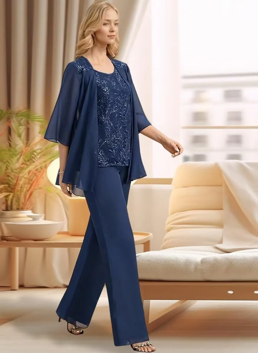 Chiffon Mother of The Bride Pant Suits 3 Pieces Lace Appliques Women Dressy Formal Outfit with Jacket KW001