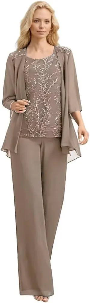 Chiffon Mother of The Bride Pant Suits 3 Pieces Lace Appliques Women Dressy Formal Outfit with Jacket KW001