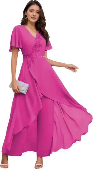 Chiffon Mother of The Bride Pant Suits Plus Size Lace Wedding Pantsuits for Women Elegant Formal Dresses Hot Pink Spring 16W