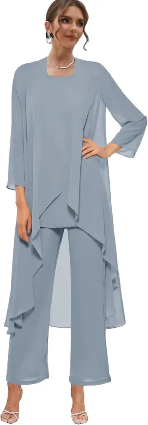 Chiffon Mother of The Bride Pant Suits with Jacket 3 Pieces Formal Dress for Wedding Guest Long Outfit Set